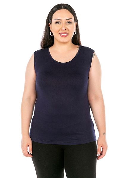 DISENTIS MODEST Large Size Round Neck Thick Strap Viscose Navy Blue Body