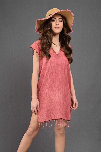 Dosimira Γυναικείο φόρεμα με λαιμόκοψη από 100% βαμβάκι με χάντρες Pareo / Beach Dress