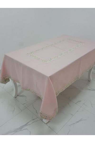 Finezza Daffodil Jacquard Bordered Linen Fabric Powder Tablecloth 160x230 Cm - 1137