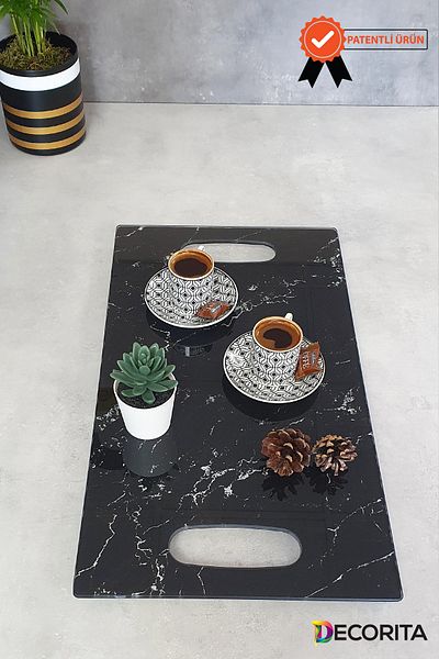 Decorita Glass Tray| Black Marble| 29cm X 52cm