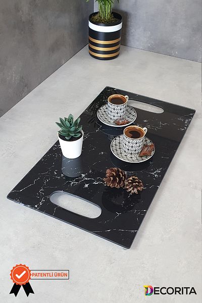 Decorita Glass Tray| Black Marble| 29cm X 52cm