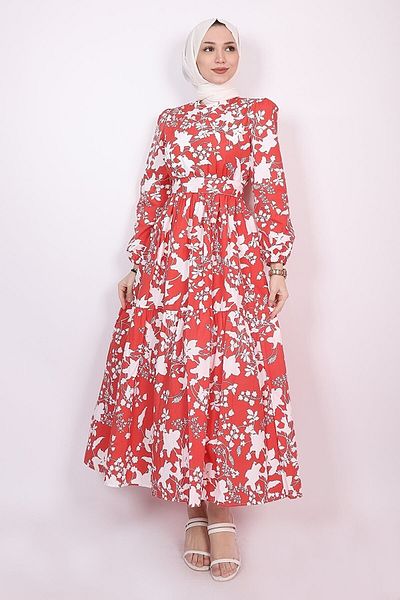 Kirazgym Women's Red and White Floral Patterned Flared Hijab Summer Dress – Belted, Relaxed Fit