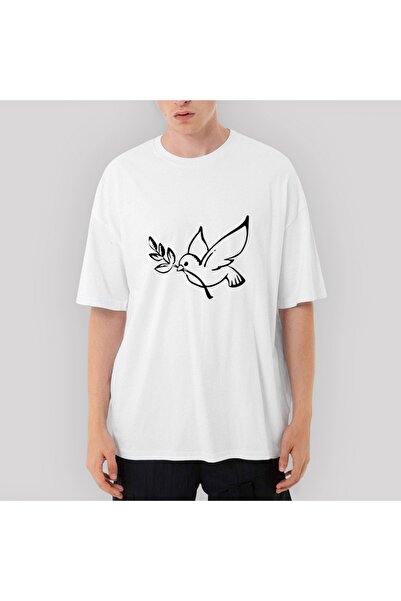 Z zepplin تي شيرت أبيض كبير الحجم بفرع الزيتون على شكل حمامة