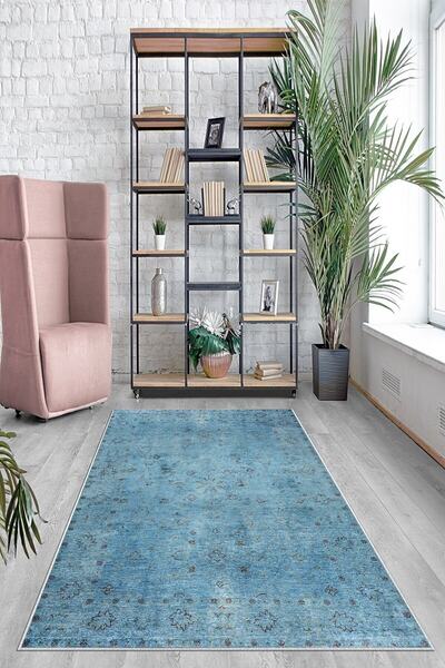 Latibule Mavi Zemin Çiçek Desenli Yıkanabilir Kaymaz Taban Leke Tutmaz Modern Salon Halısı Ve Yolluk