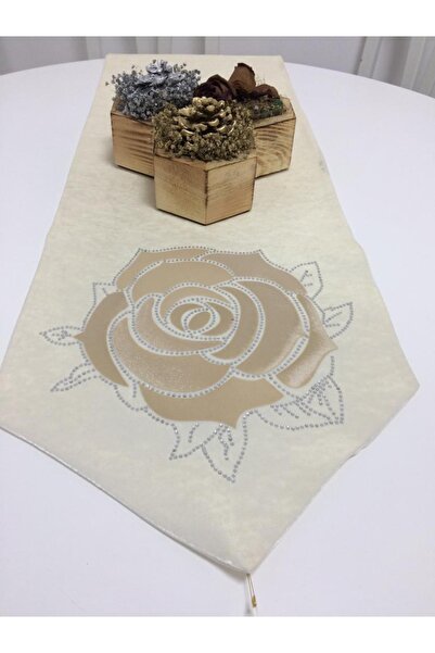 Finezza Runnervelvet Kristal Taşlı ve Gül Baskılı Kadife Kumaş Krem/Bej Runne...