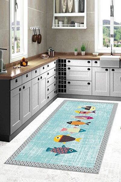 Latibule Mavi Balık Desenli Mutfak Yıkanabilir Kaymaz Taban Leke Tutmaz Modern Mutfak Halısı Ve Yolluk