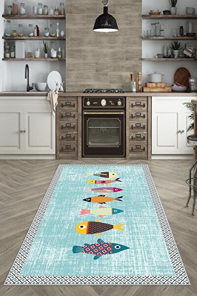 Latibule Mavi Balık Desenli Mutfak Yıkanabilir Kaymaz Taban Leke Tutmaz Modern Mutfak Halısı Ve Yolluk