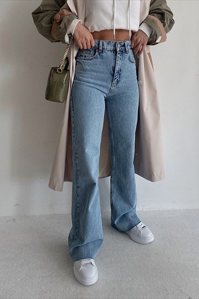 Livik Blaue Lycra-Denim-Jeans mit weitem Bein, Super-High-Waist-Palazzo-Hose für Damen