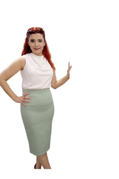 ZY BUTİK Mint Pencil Skirt with Slit Detail on the Back