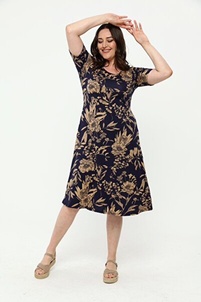 SENTEX Κοντομάνικο φόρεμα σε καφέ γαλακτώδες μπλε ναυτικό σχέδιο