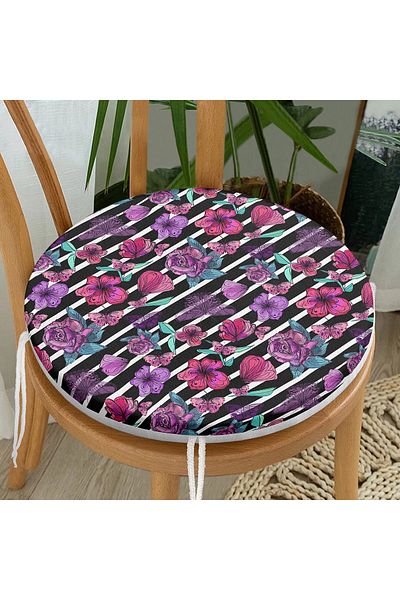 Realhomes Colorful Flowers on Striped Floor Digital Printed Modern Round Zippered Chair Cushion