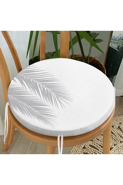 Realhomes Frunze de palmier gri pe fundal alb Design special pernă pentru scaun rotundă cu fermoar