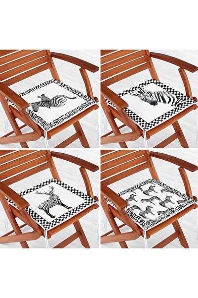 Realhomes 4'lü Siyah Beyaz Temalı Zebra Motifli Fermuarlı Sandalye Minderi Seti