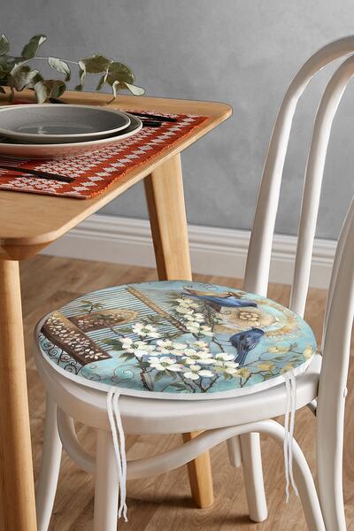 Realhomes Mavi Kuş Desen Dijital Baskılı Yuvarlak Fermuarlı Sandalye Minderi