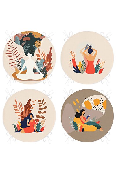 Realhomes 4-Piece Bohemian Themed Tropical Leaf Women's Designed Round Zippered Chair Cushion Set