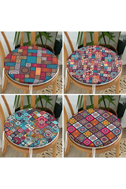Realhomes 4'lü Renkli Etnik Kareli Tasarım Yuvarlak Fermuarlı Sandalye Minder...