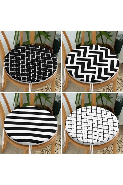 Realhomes 4'lü Siyah Beyaz Geometrik Şekilli Yuvarlak Fermuarlı Sandalye Mind...