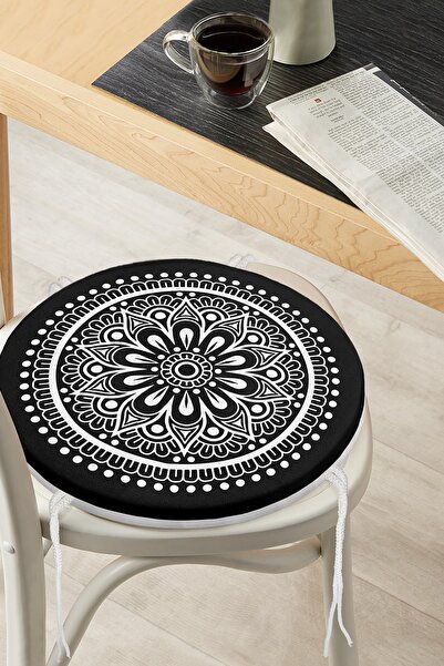 Realhomes Siyah Beyaz Çiçek Desenli Mandala Motifli Yuvarlak Fermuarlı Sandal...