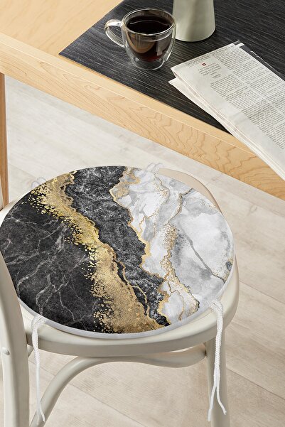 Realhomes Pernă de scaun rotundă, rotundă, cu fermoar, imprimată digitală, cu motiv de marmură, negru, alb, modern