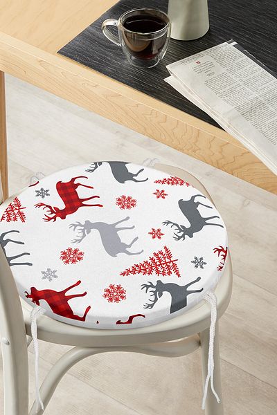 Realhomes Christmas Motifs on White Background Digital Printed Round Zippered Chair Cushion