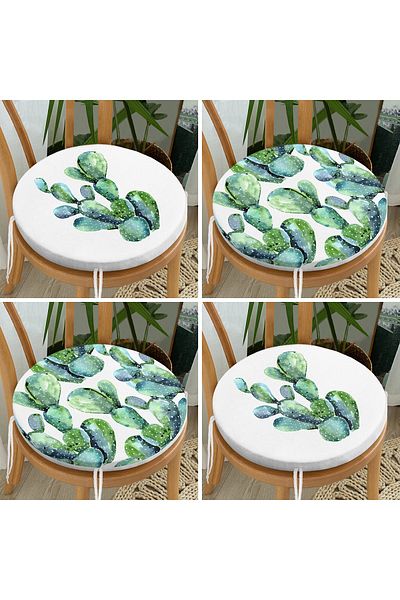Realhomes 4-Piece White Floor Cactus Design Digital Printed Modern Round Zippered Chair Cushion Set
