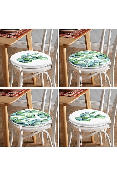 Realhomes 4-Piece White Floor Cactus Design Digital Printed Modern Round Zippered Chair Cushion Set