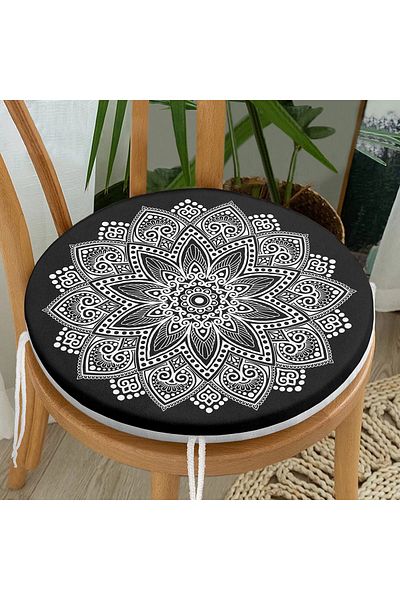 Realhomes Black and White Mandala Design Round Zippered Chair Cushion