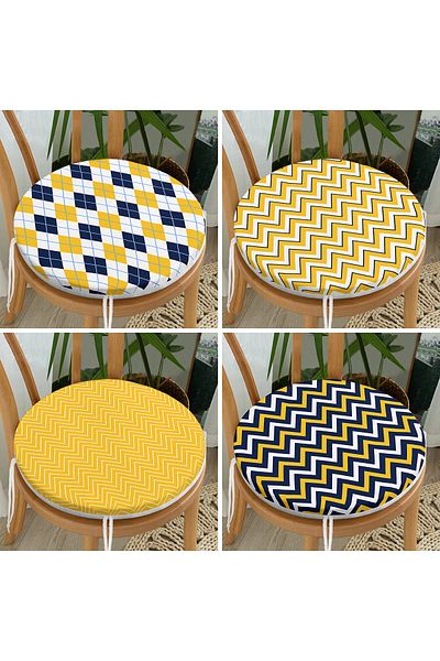Realhomes Set of 4 Yellow Navy Blue Zigzag Patterned Special Designed Pillow Round Zippered Chair Cushions