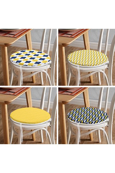 Realhomes Set of 4 Yellow Navy Blue Zigzag Patterned Special Designed Pillow Round Zippered Chair Cushions