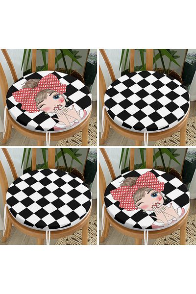 Realhomes 4-Piece Black and White Checkered Girl Motif Round Zippered Chair Cushion Set