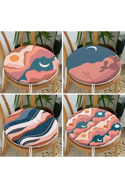 Realhomes Set of 4 Digital Printed Round Zippered Chair Cushions with Mountain and Moon Design
