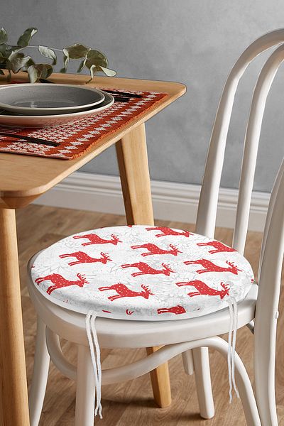 Realhomes Red Deer Patterned Special Designed Digital Printed Modern Round Zippered Chair Cushion