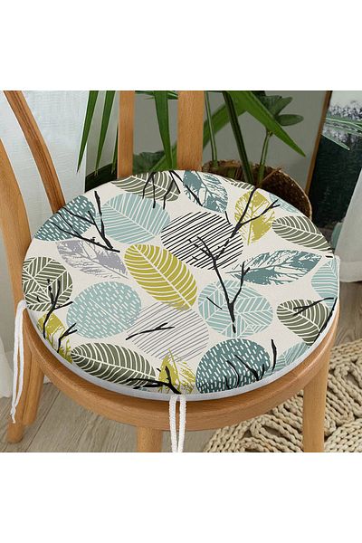 Realhomes Digital Printed Modern Round Zippered Chair Cushion with Leaf Pattern on White Background