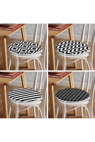 Realhomes Set of 4 Black and White Geometric Shapes Round Zippered Chair Cushions