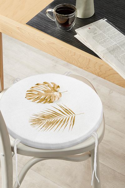 Realhomes 3D Gold Look Palm Leaves Modern Round Zippered Chair Cushion