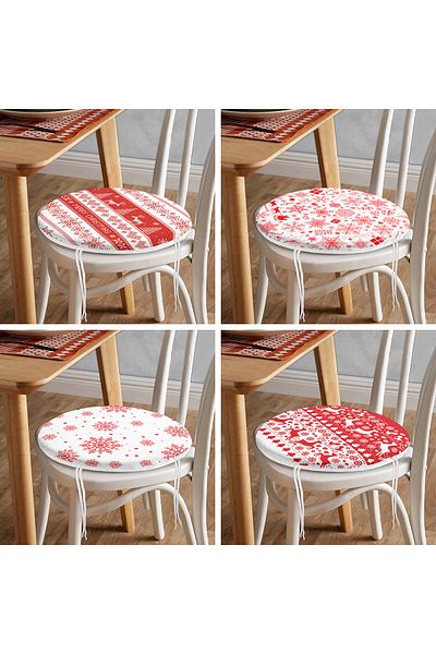Realhomes Set of 4 Red White Christmas Deer and Snowflakes Round Zippered Chair Cushions