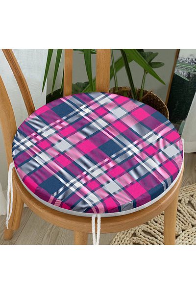 Realhomes Pink Navy Blue Plaid Patterned Round Zippered Chair Cushion