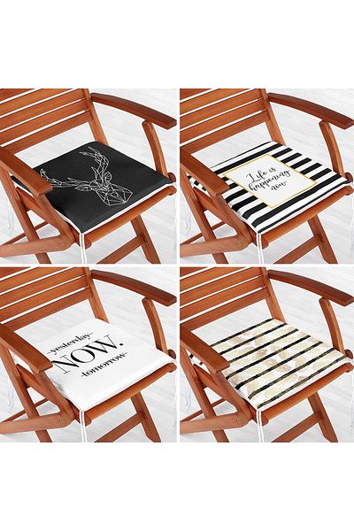 Realhomes 4-Piece Gold Written Black and White Floor Zippered Chair Cushion Set