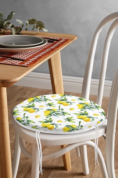 Realhomes Lemon Patterned 3D Modern Round Zippered Chair Cushion on White Background