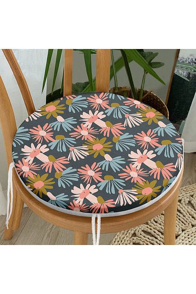 Realhomes Colorful Flower Patterned Digital Printed Modern Round Zippered Chair Cushion on Black Background