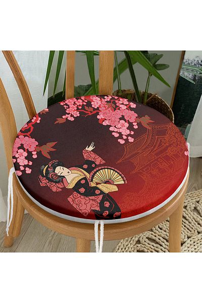 Realhomes Floral Patterned Fan Japanese Girl Motif Modern Round Zippered Chair Cushion