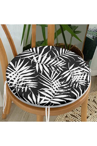 Realhomes Digital Printed Round Zippered Chair Cushion with White Leaf Design on Black Background