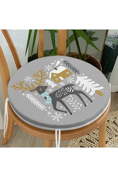 Realhomes Digital Printed Modern Round Zippered Chair Cushion with Deer Pattern on Gray Background