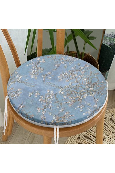Realhomes Oil Paint Blue Tree Motifs Digital Printed Round Zippered Chair Cushion
