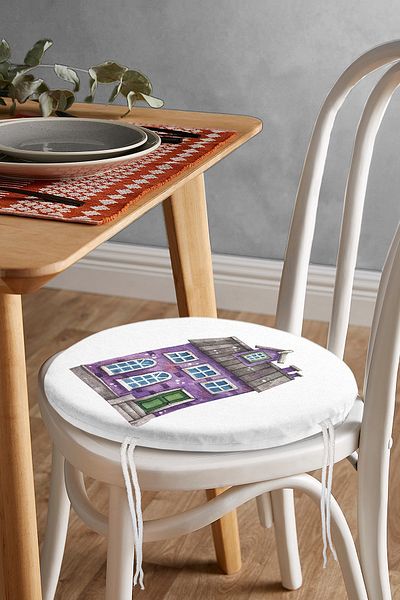 Realhomes Miniature Purple House Drawing Digital Printed Modern Round Zippered Chair Cushion