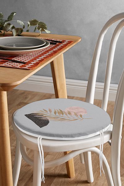 Realhomes Abstract Drawing Moon and Leaf Motif Round Zippered Chair Cushion on Gray Background