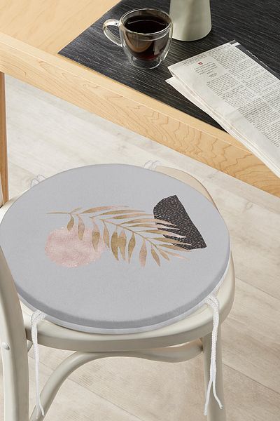 Realhomes Abstract Drawing Moon and Leaf Motif Round Zippered Chair Cushion on Gray Background