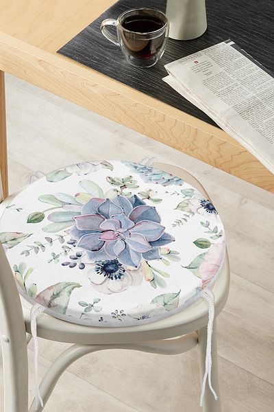 Realhomes Digital Printed Round Zippered Chair Cushion with Flower Motif on White Background