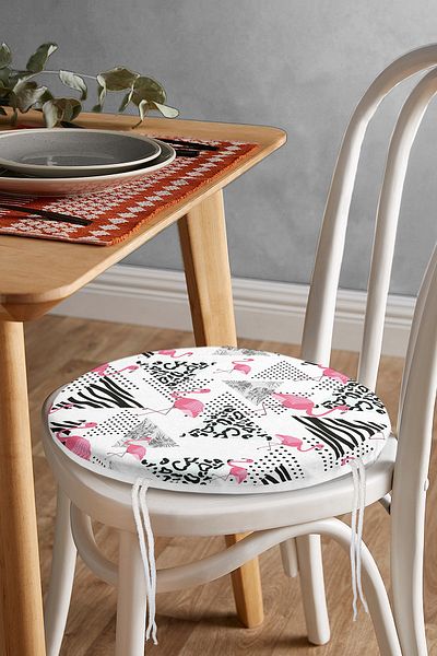 Realhomes Polka Dot Themed Flamingo Patterned Digital Printed Round Zippered Chair Cushion