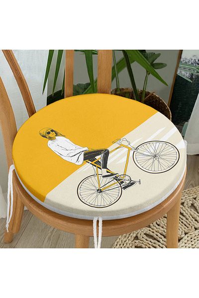 Realhomes Yellow Cream Floor Bicycle Man Motif Round Zippered Chair Cushion
